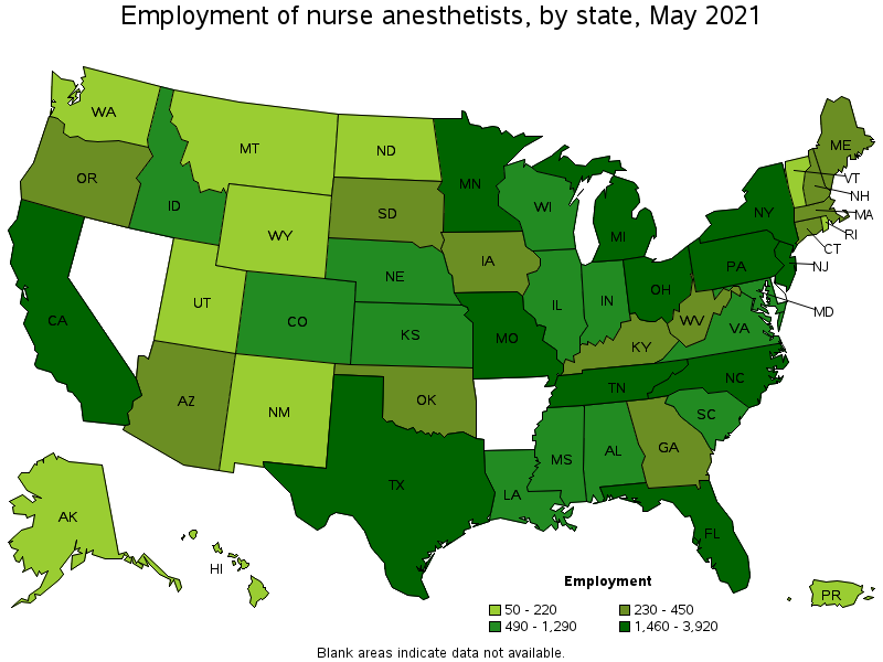 Map of employment of nurse anesthetists by state, May 2021