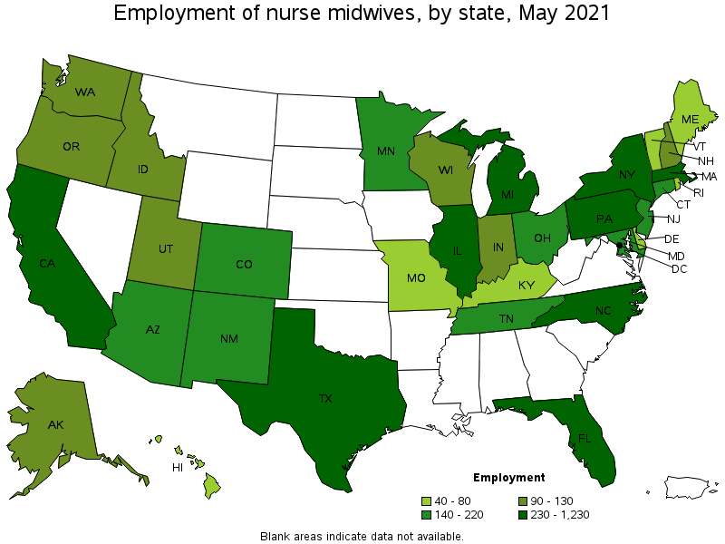 Map of employment of nurse midwives by state, May 2021