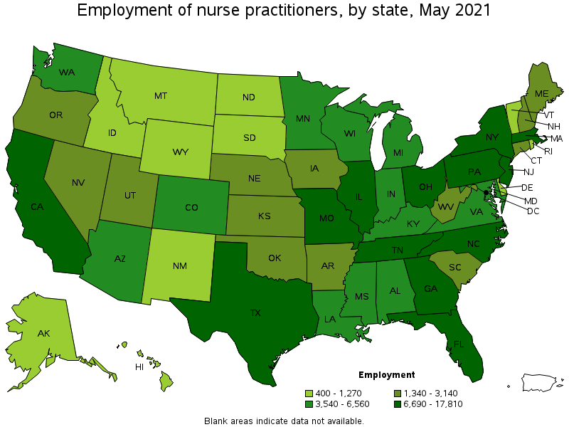 Map of employment of nurse practitioners by state, May 2021