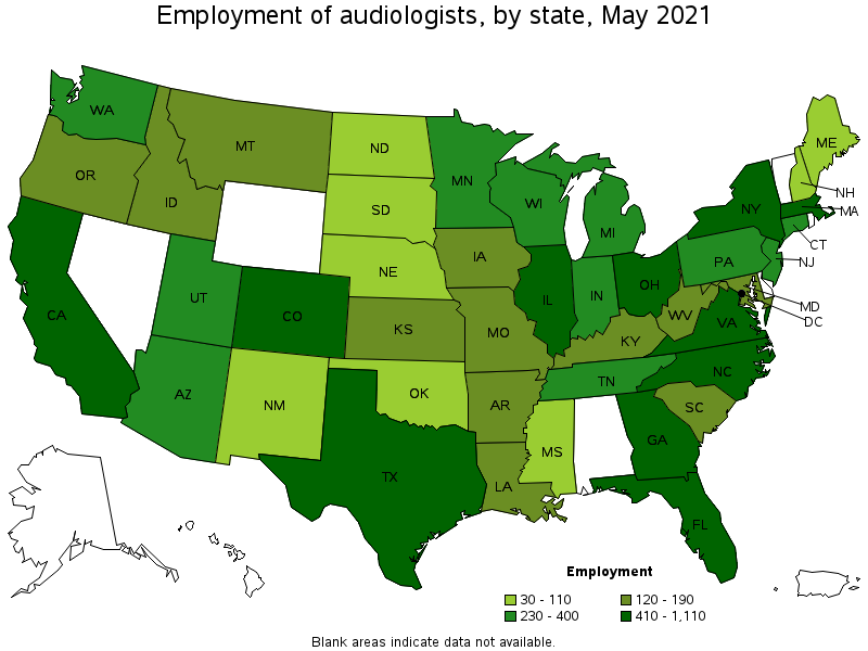 Map of employment of audiologists by state, May 2021
