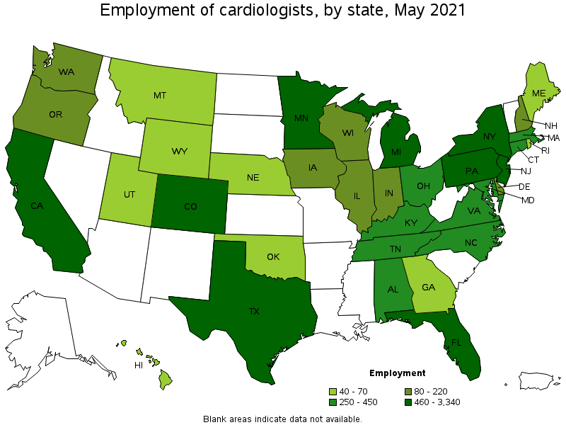 Map of employment of cardiologists by state, May 2021