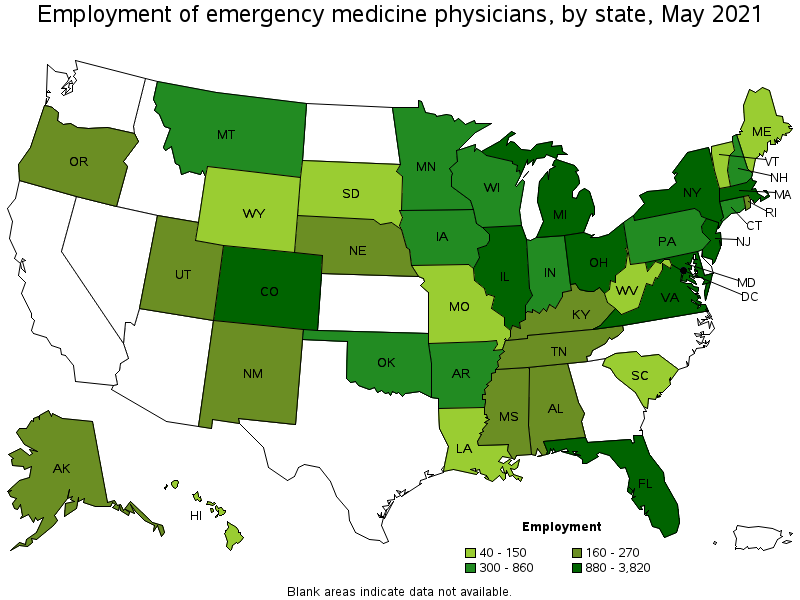 Map of employment of emergency medicine physicians by state, May 2021