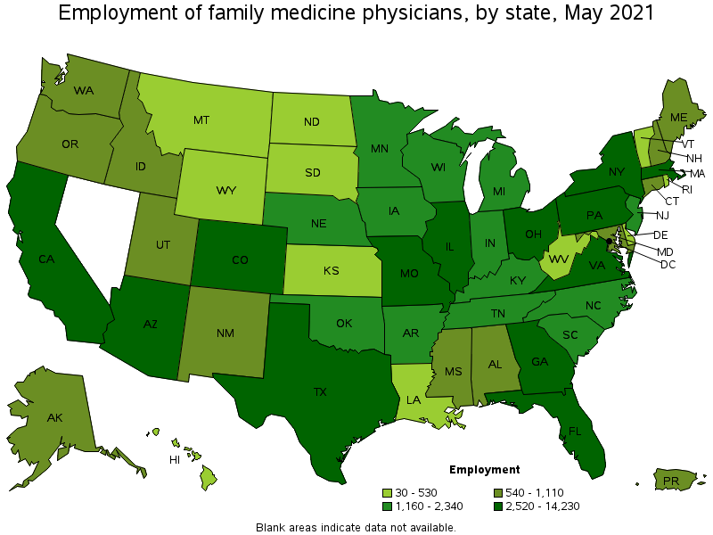 Map of employment of family medicine physicians by state, May 2021