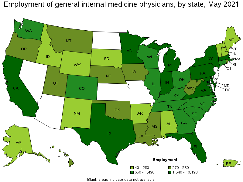Map of employment of general internal medicine physicians by state, May 2021