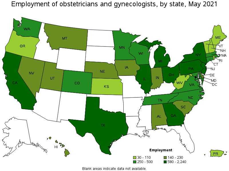 Map of employment of obstetricians and gynecologists by state, May 2021