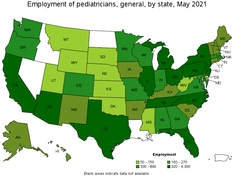 Map of employment of pediatricians, general by state, May 2021