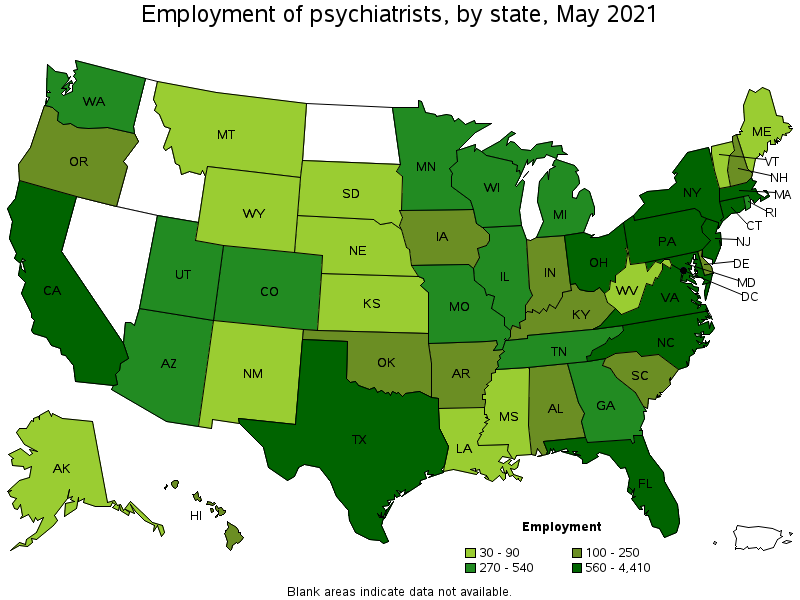 Map of employment of psychiatrists by state, May 2021