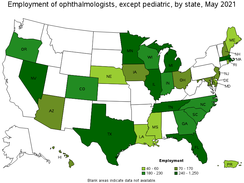 Map of employment of ophthalmologists, except pediatric by state, May 2021