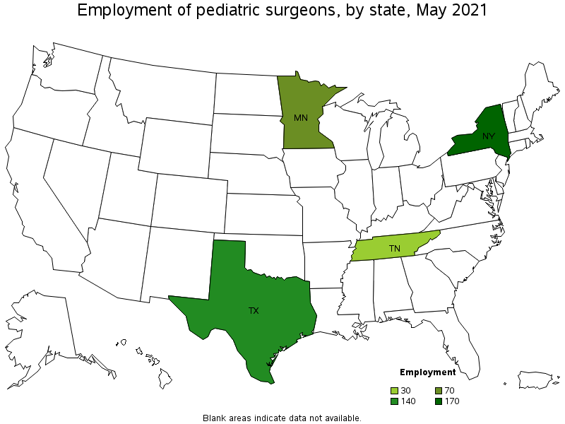 Map of employment of pediatric surgeons by state, May 2021