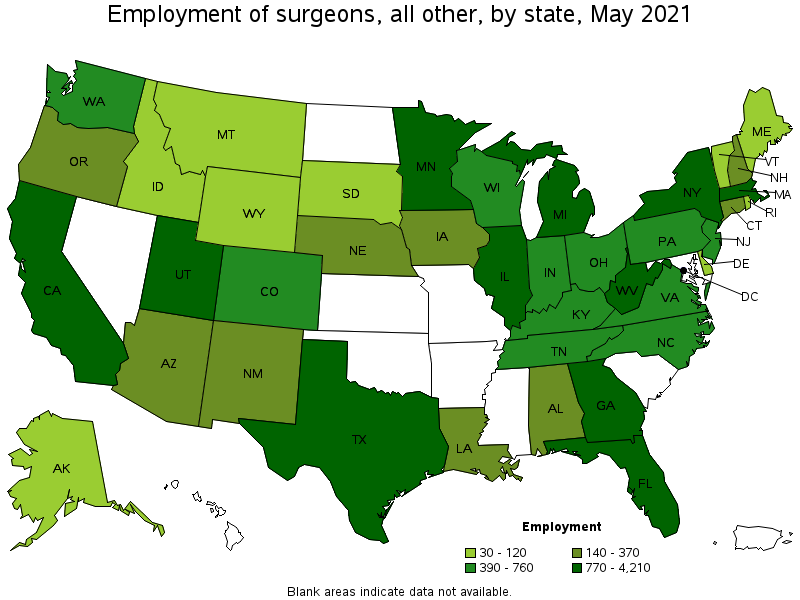 Map of employment of surgeons, all other by state, May 2021