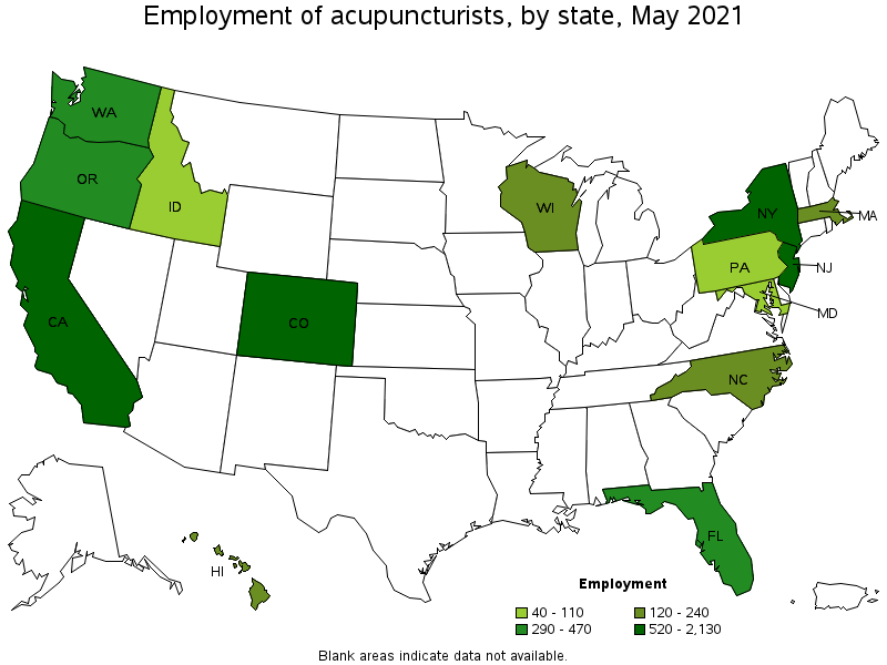 Map of employment of acupuncturists by state, May 2021