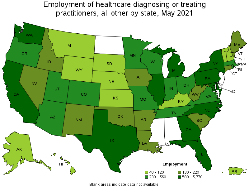 Map of employment of healthcare diagnosing or treating practitioners, all other by state, May 2021