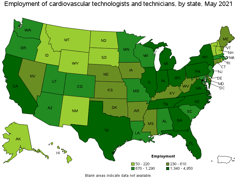 Map of employment of cardiovascular technologists and technicians by state, May 2021