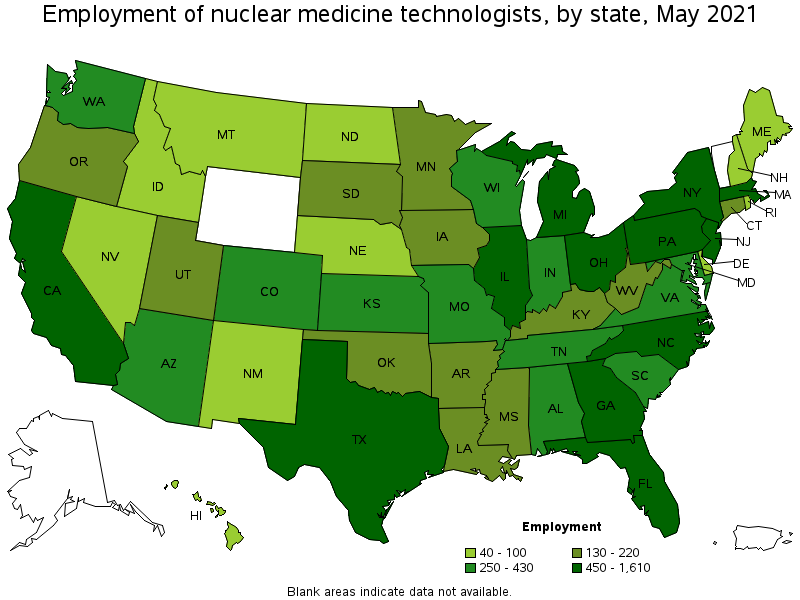 Map of employment of nuclear medicine technologists by state, May 2021