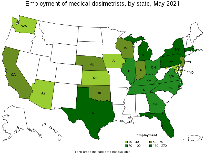 Map of employment of medical dosimetrists by state, May 2021