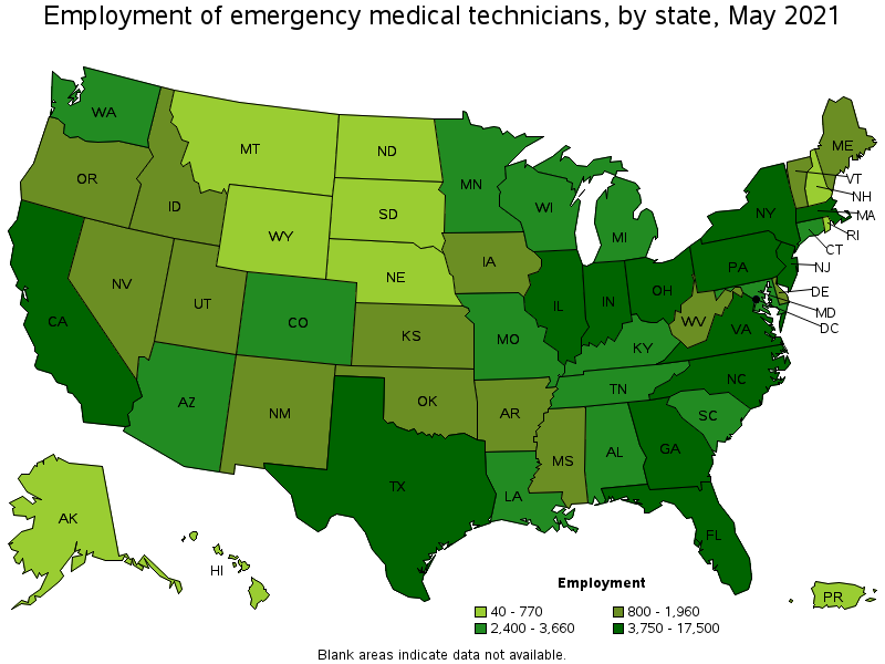 Map of employment of emergency medical technicians by state, May 2021