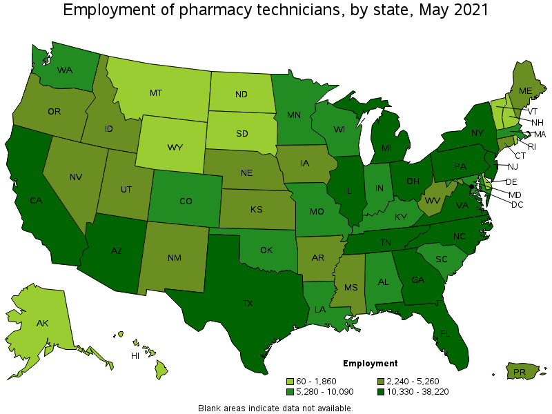 Map of employment of pharmacy technicians by state, May 2021