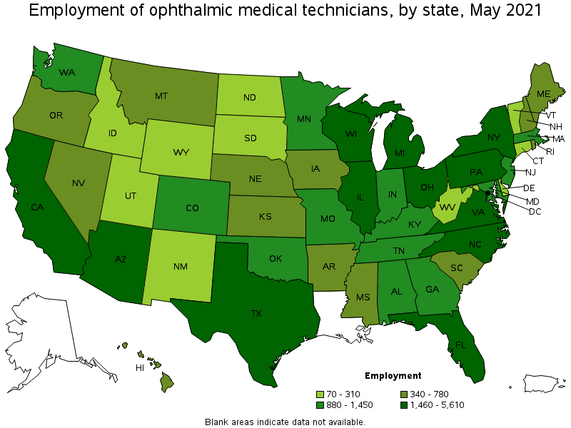 Map of employment of ophthalmic medical technicians by state, May 2021