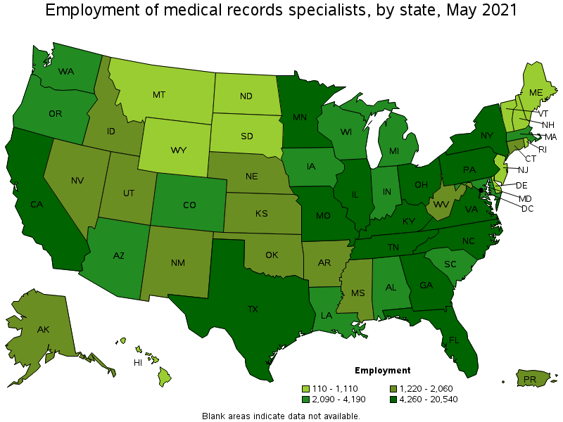 Map of employment of medical records specialists by state, May 2021