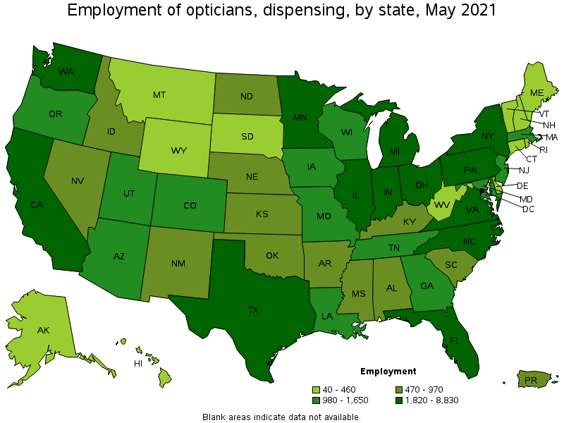 Map of employment of opticians, dispensing by state, May 2021