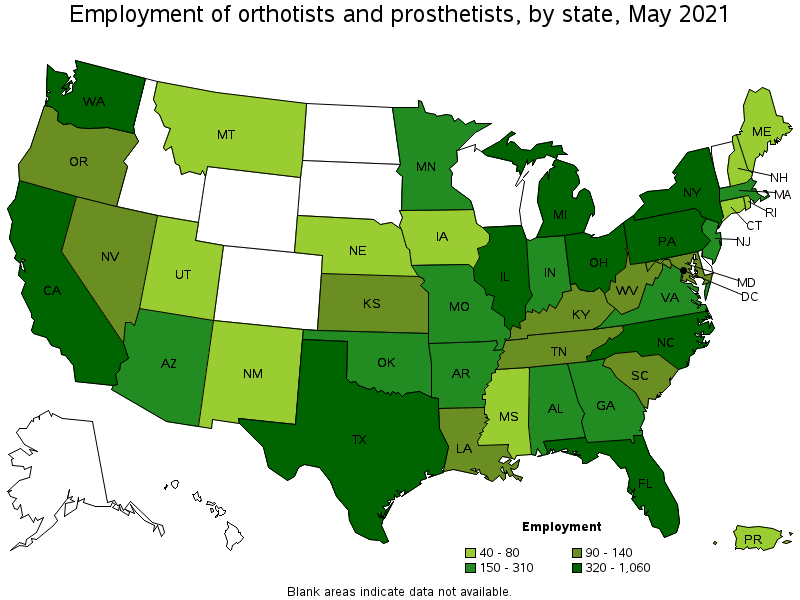 Map of employment of orthotists and prosthetists by state, May 2021