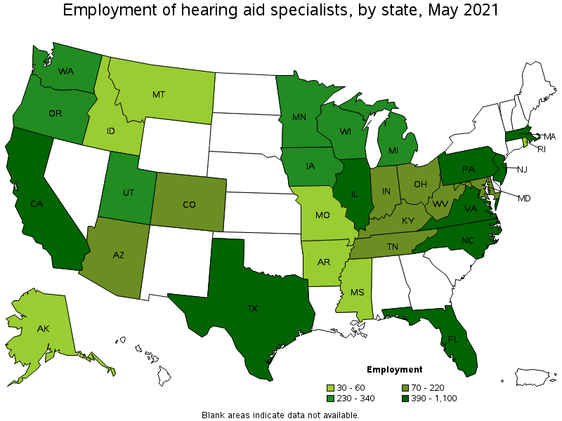 Map of employment of hearing aid specialists by state, May 2021