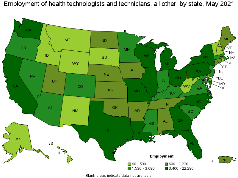 Map of employment of health technologists and technicians, all other by state, May 2021