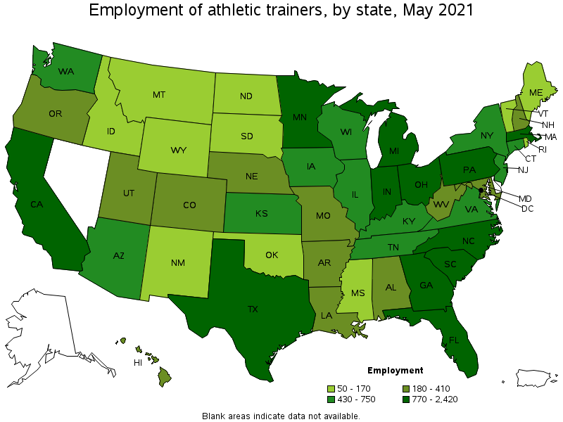 Map of employment of athletic trainers by state, May 2021