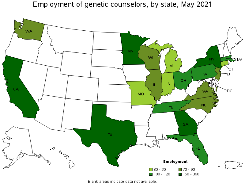 Map of employment of genetic counselors by state, May 2021