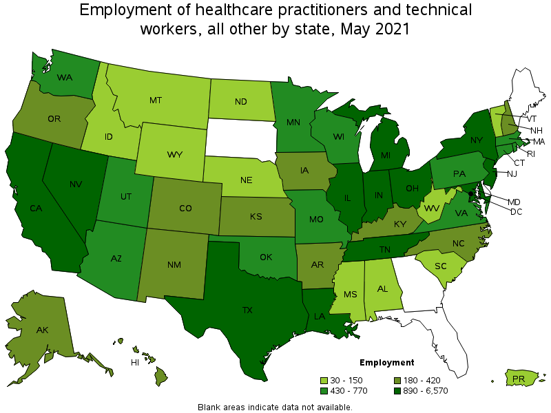 Map of employment of healthcare practitioners and technical workers, all other by state, May 2021
