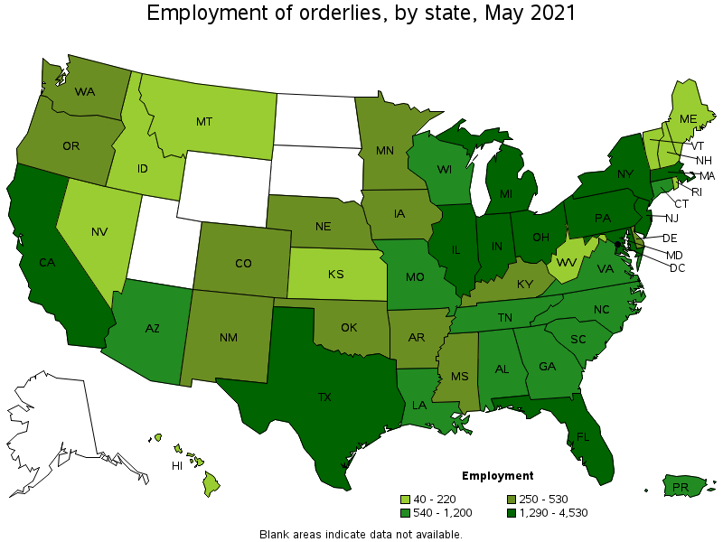 Map of employment of orderlies by state, May 2021