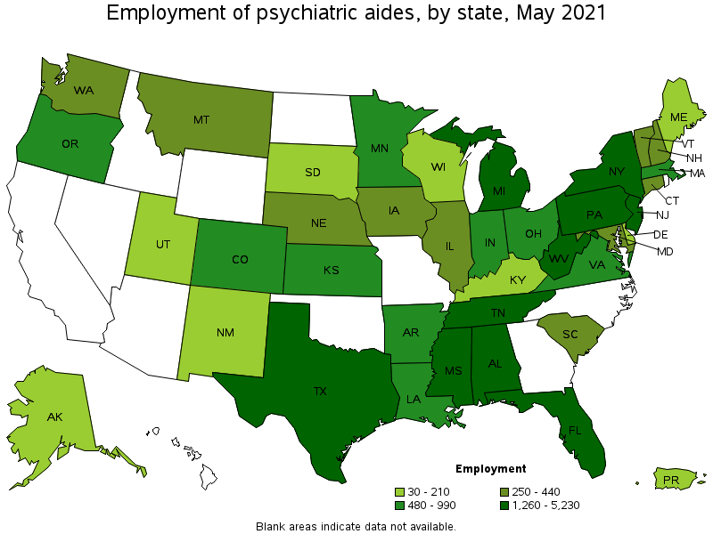 Map of employment of psychiatric aides by state, May 2021