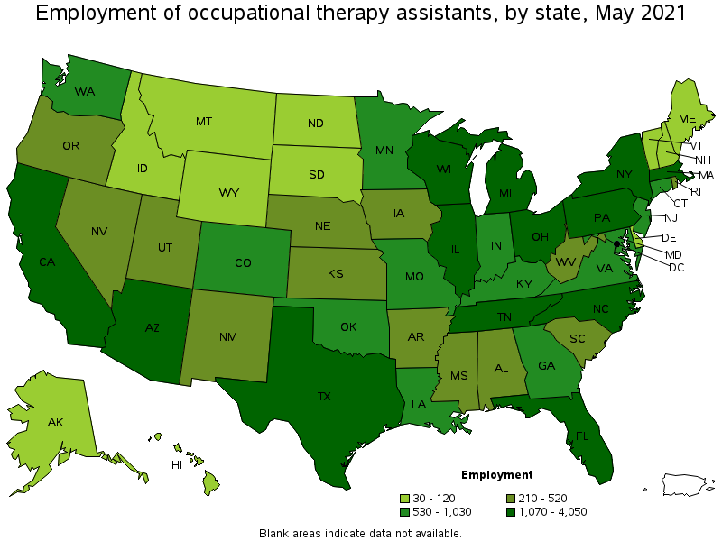 Map of employment of occupational therapy assistants by state, May 2021