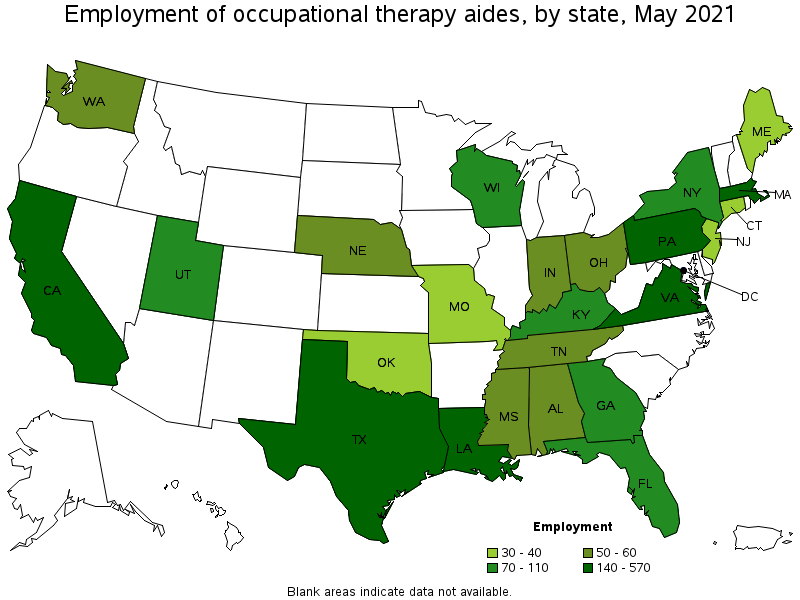 Map of employment of occupational therapy aides by state, May 2021