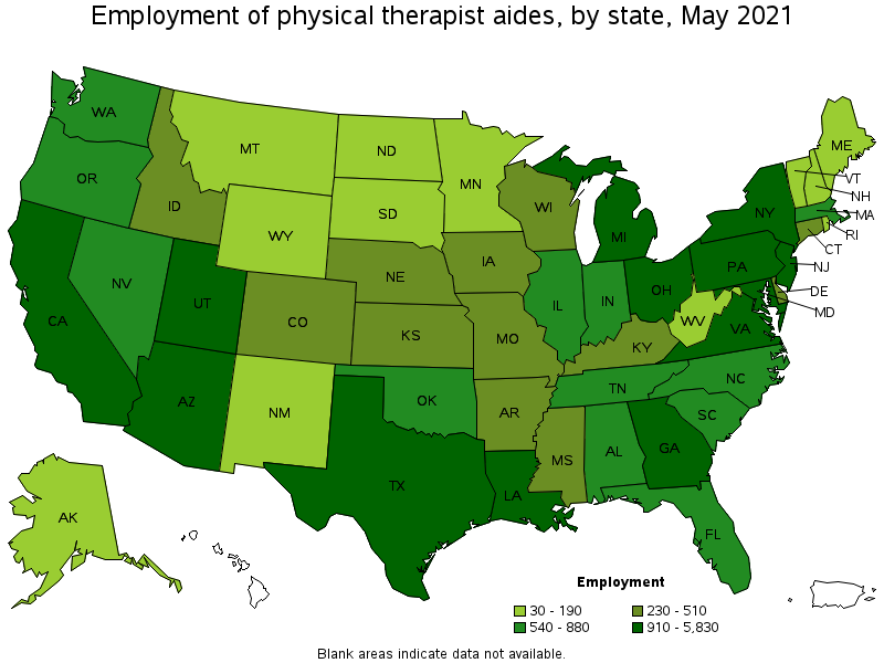 Map of employment of physical therapist aides by state, May 2021