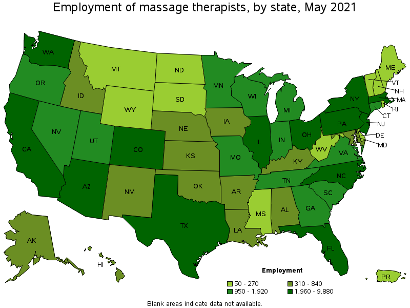 Map of employment of massage therapists by state, May 2021