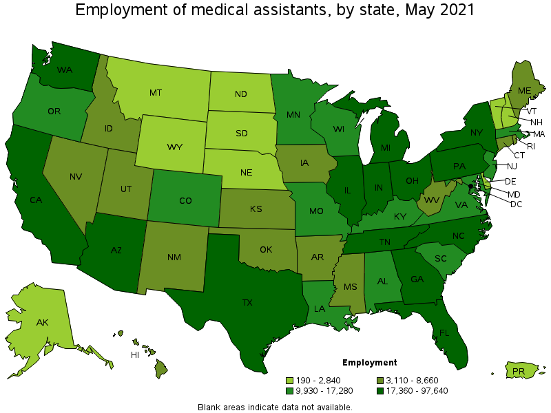 Map of employment of medical assistants by state, May 2021