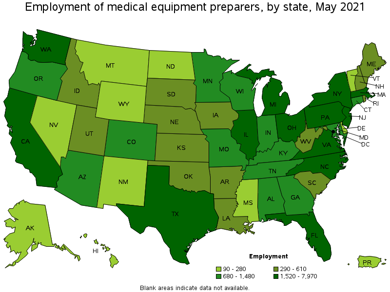 Map of employment of medical equipment preparers by state, May 2021