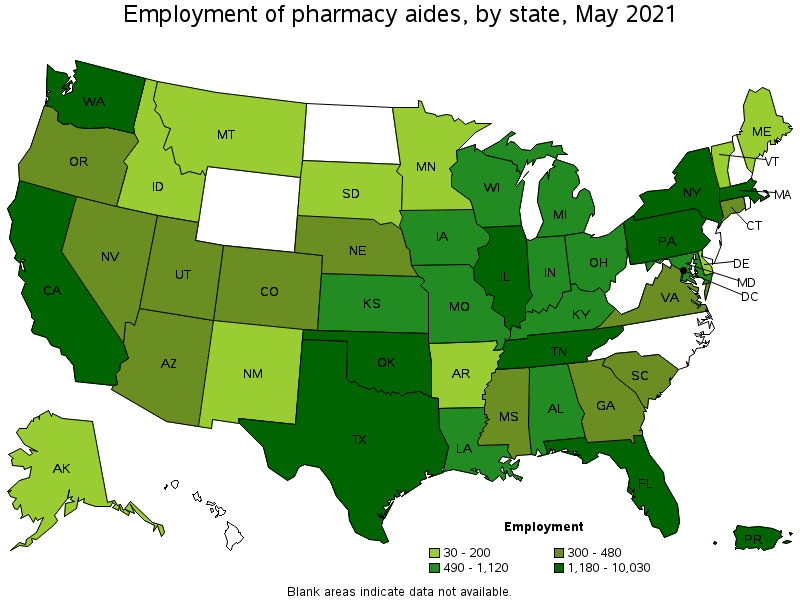 Map of employment of pharmacy aides by state, May 2021