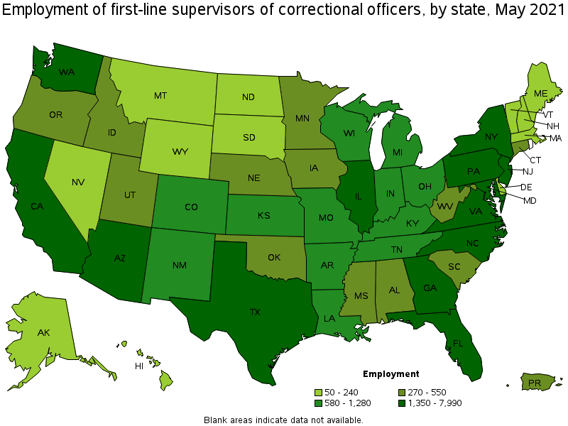 Map of employment of first-line supervisors of correctional officers by state, May 2021