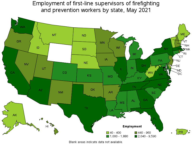 Map of employment of first-line supervisors of firefighting and prevention workers by state, May 2021