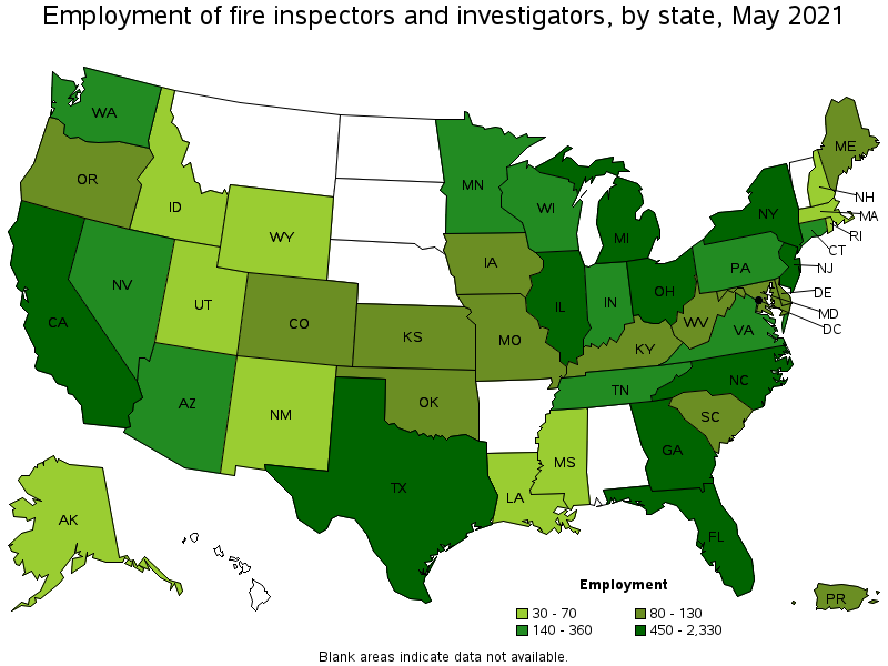 Map of employment of fire inspectors and investigators by state, May 2021