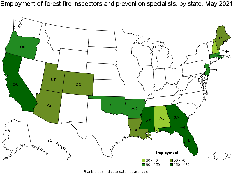 Map of employment of forest fire inspectors and prevention specialists by state, May 2021