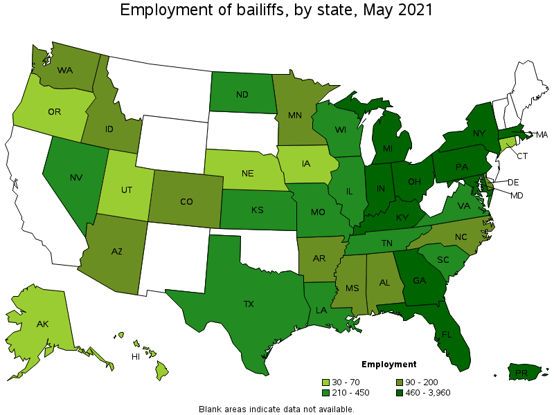 Map of employment of bailiffs by state, May 2021