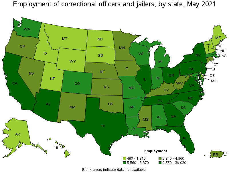Map of employment of correctional officers and jailers by state, May 2021