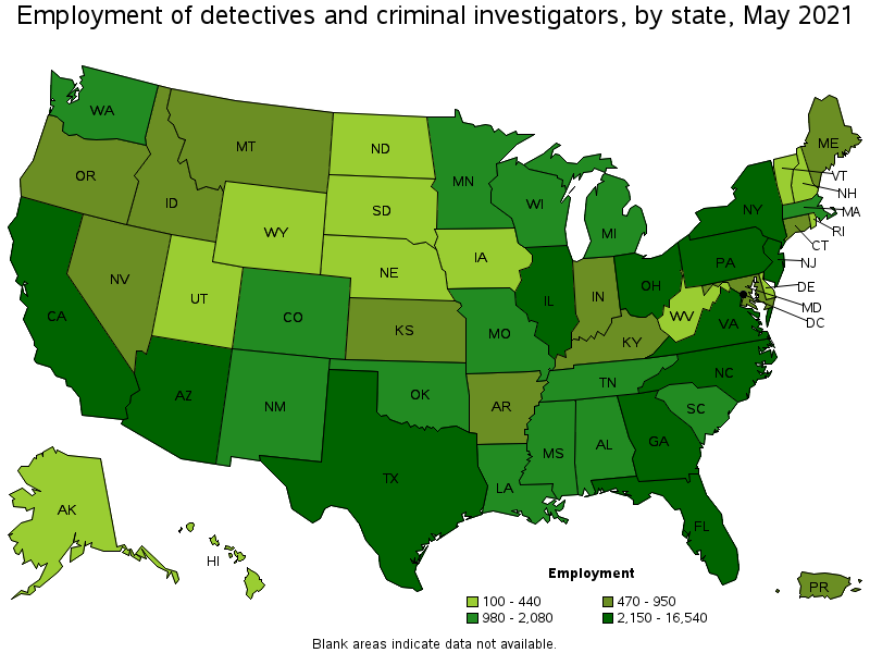 Map of employment of detectives and criminal investigators by state, May 2021