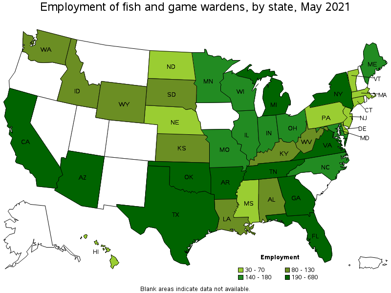 Map of employment of fish and game wardens by state, May 2021