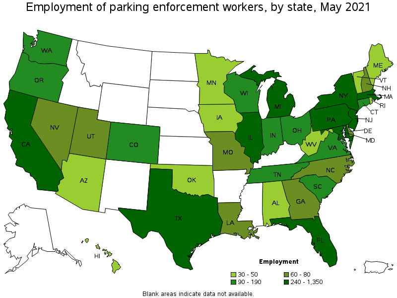 Map of employment of parking enforcement workers by state, May 2021