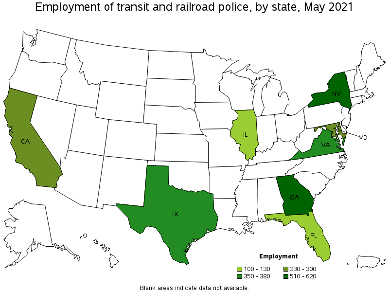 Map of employment of transit and railroad police by state, May 2021