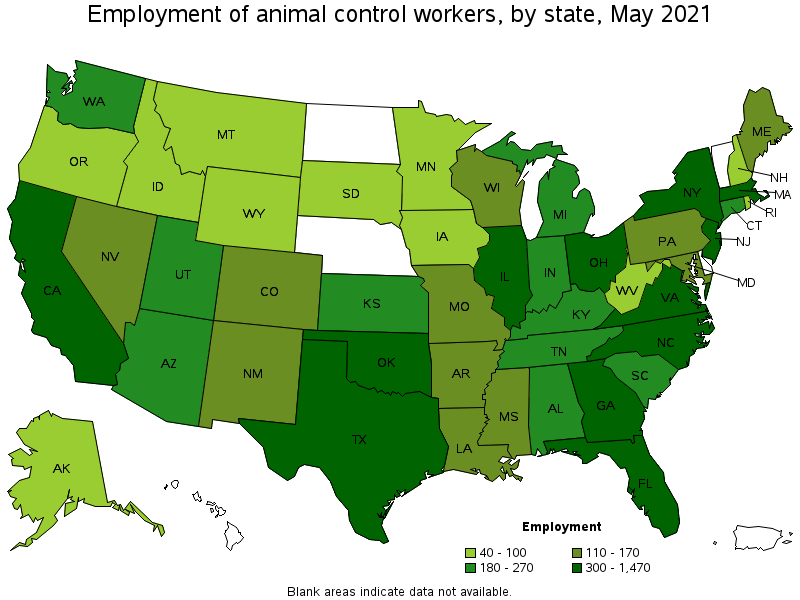 Map of employment of animal control workers by state, May 2021
